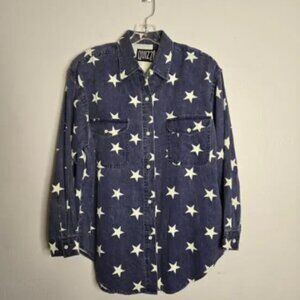 Vintage Star Print Denim Long Sleeve Button Up Shirt Size M Blue White 90s Y2k